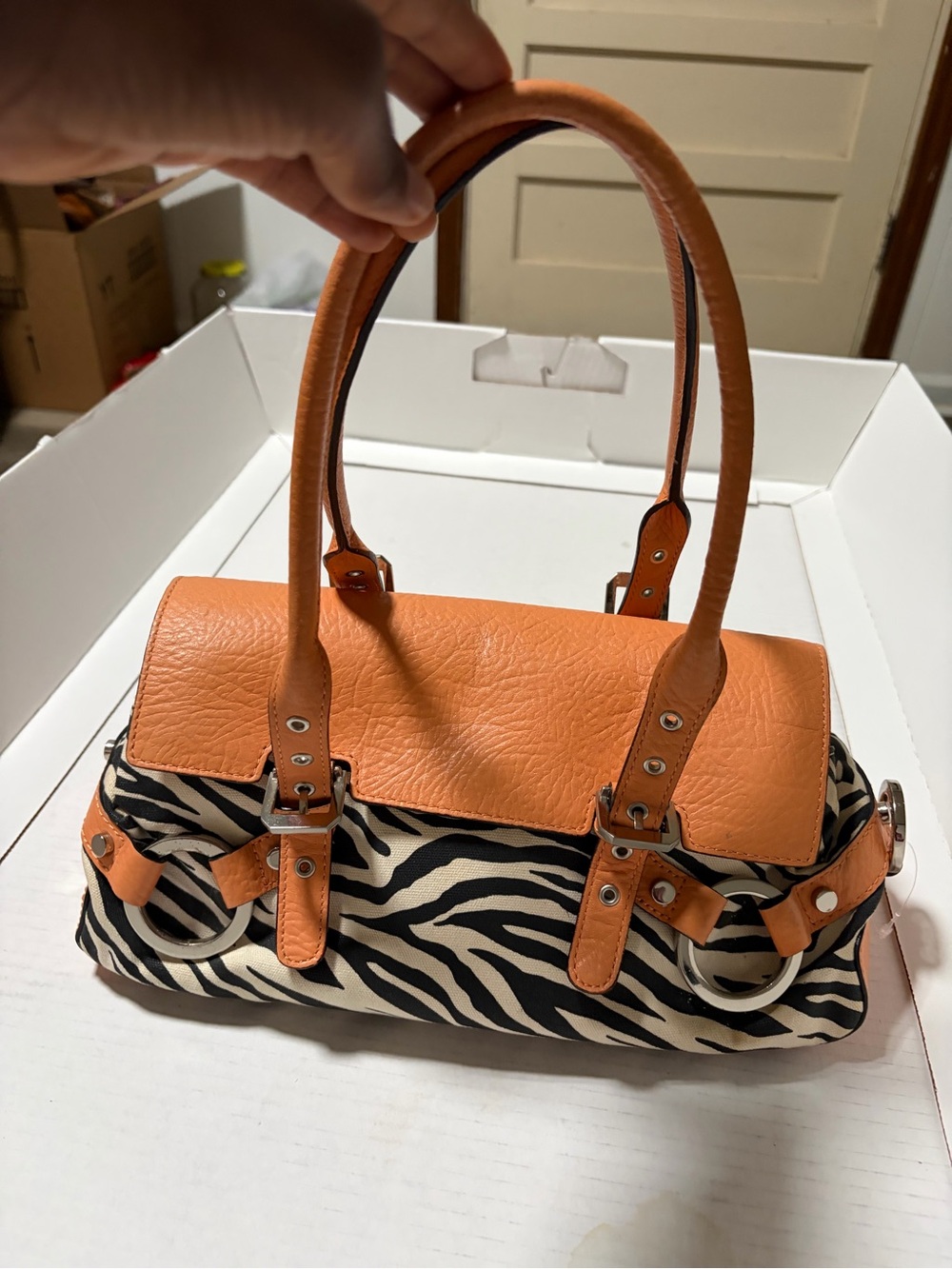 Adrienne Vittadini Orange and Black Zebra-Print Satchel